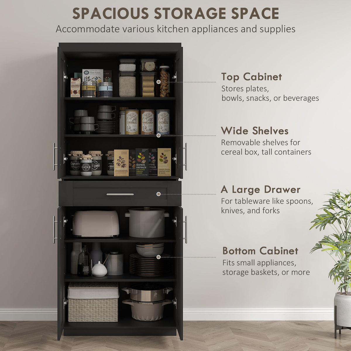 Modern Kitchen Pantry with Doors and Drawer, Adjustable Shelving