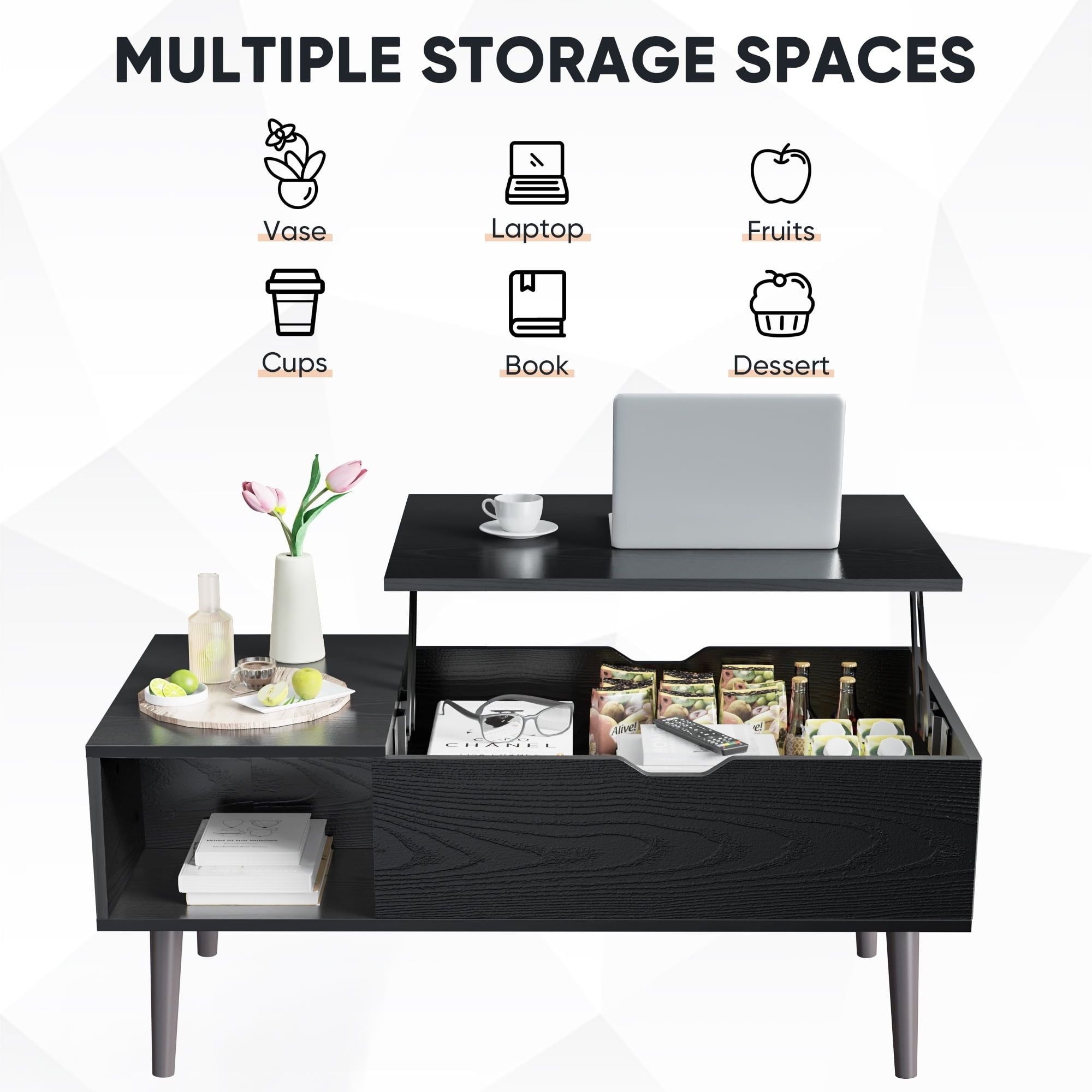 Modern Lift-Top Coffee Table with Hidden Compartment and Side Shelves