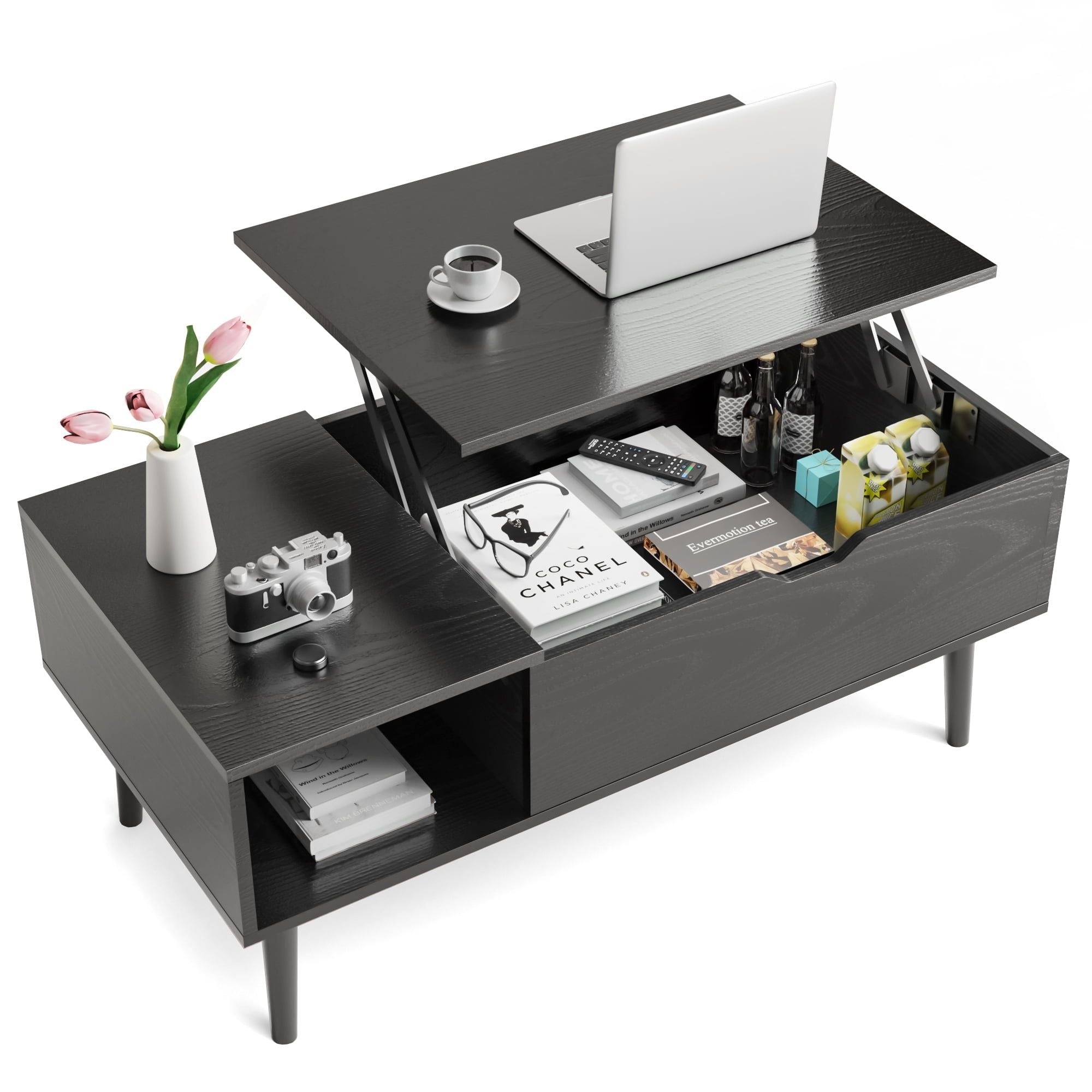 Modern Lift-Top Coffee Table with Hidden Compartment and Side Shelves