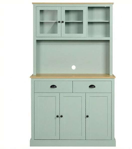 Modern Light Green Kitchen Pantry Storage Cabinet with Microwave Stand 71 Open