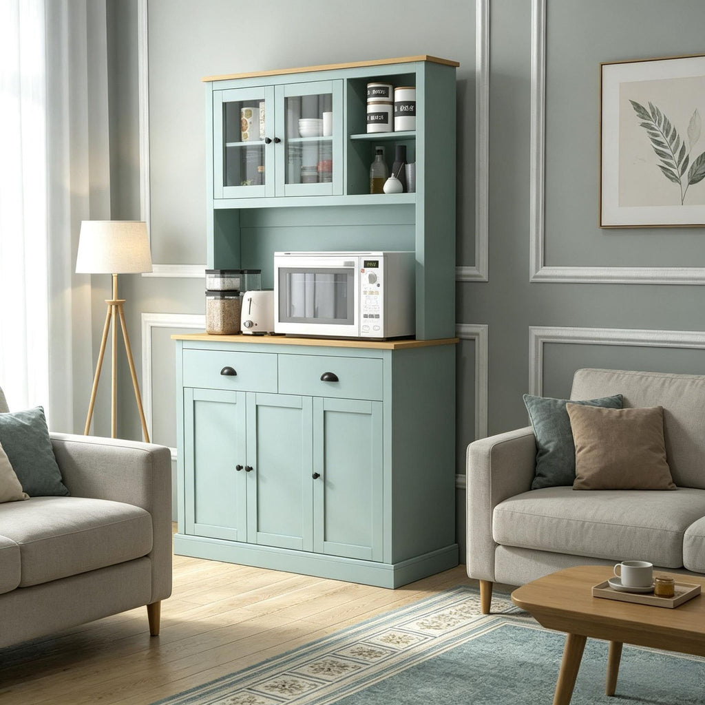 Modern Light Green Kitchen Pantry Storage Cabinet with Microwave Stand 71 Open