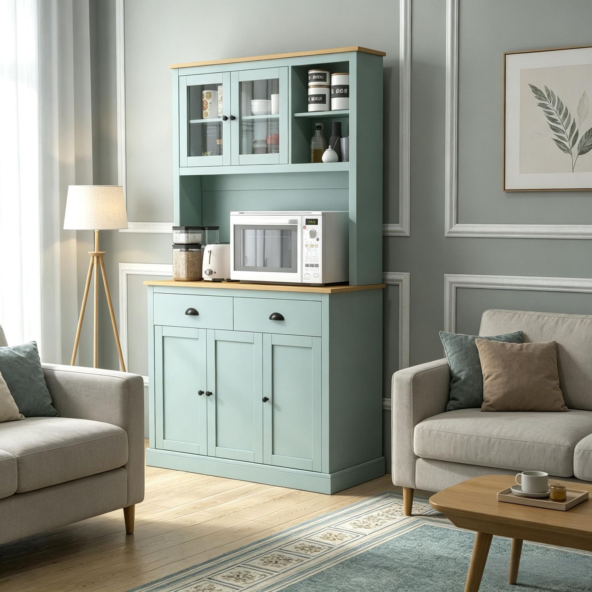 Modern Light Green Kitchen Pantry Storage Cabinet with Microwave Stand 71 Open