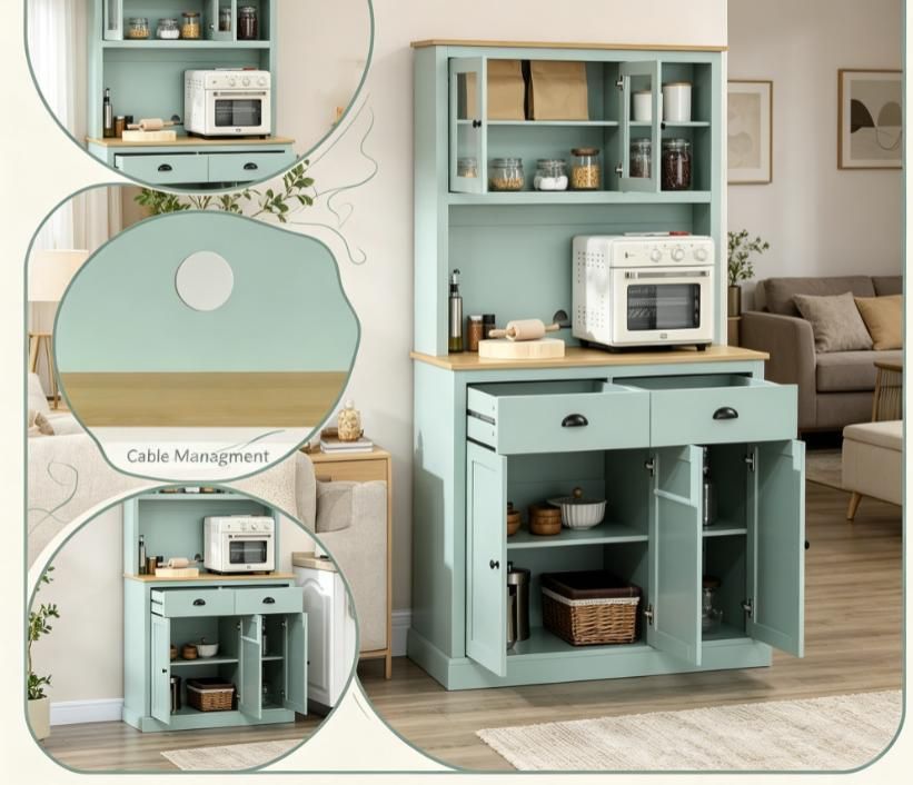 Modern Light Green Kitchen Pantry Storage Cabinet with Microwave Stand 71 Open