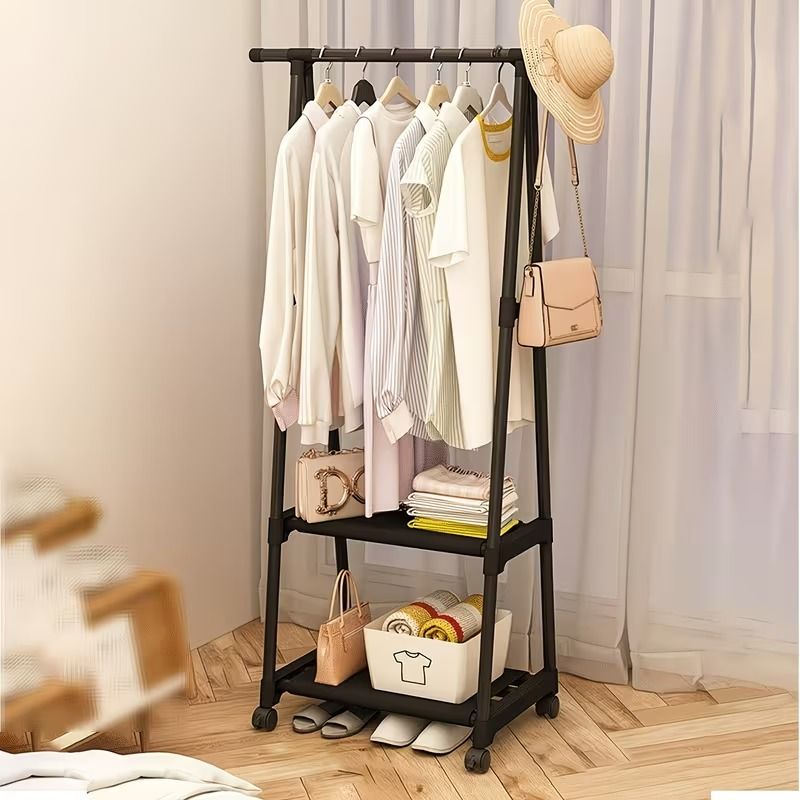 Triangular Garment Rack with Wheels and Multi-Tier Storage