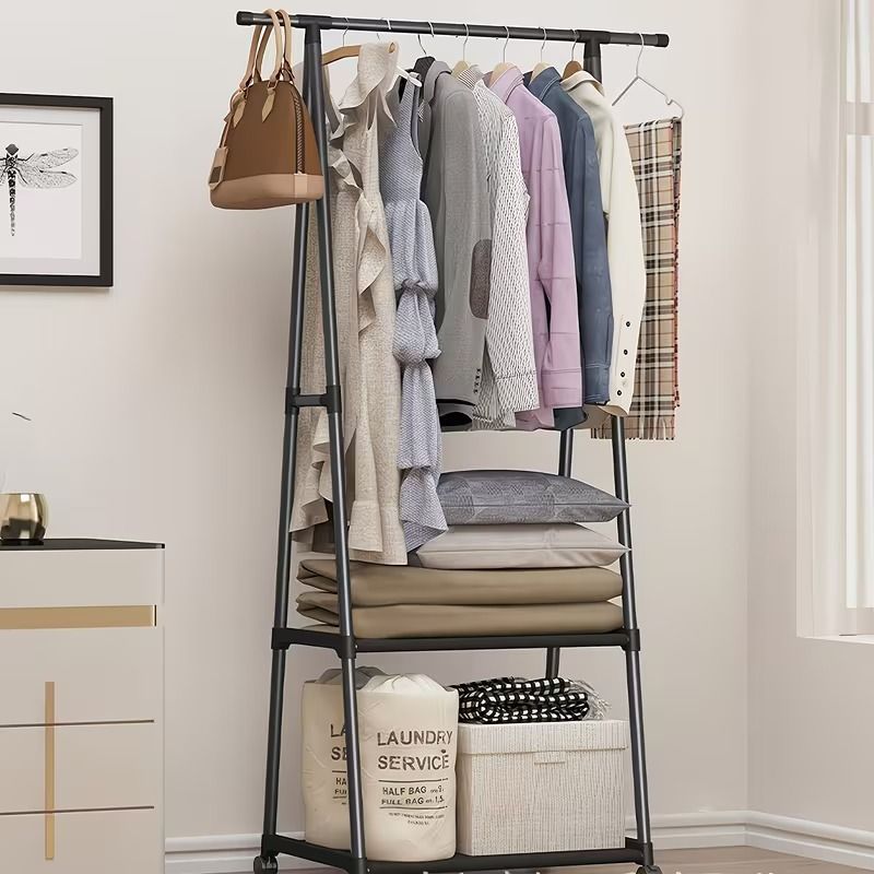 Triangular Garment Rack with Wheels and Multi-Tier Storage