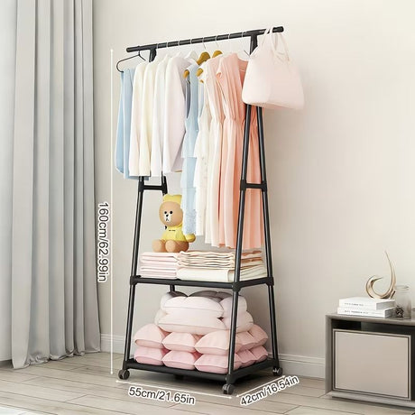 Triangular Garment Rack with Wheels and Multi-Tier Storage