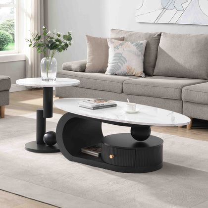 Modern Nesting Coffee Table Set of 2 with Faux Marble and Black Metal Frame