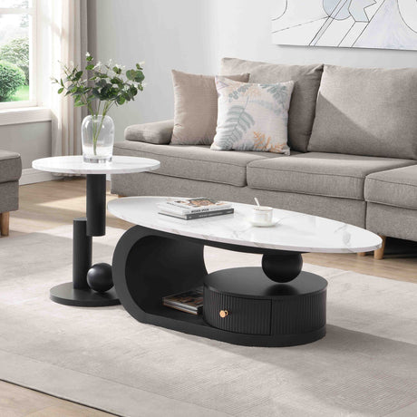 Modern Nesting Coffee Table Set of 2 with Faux Marble and Black Metal Frame