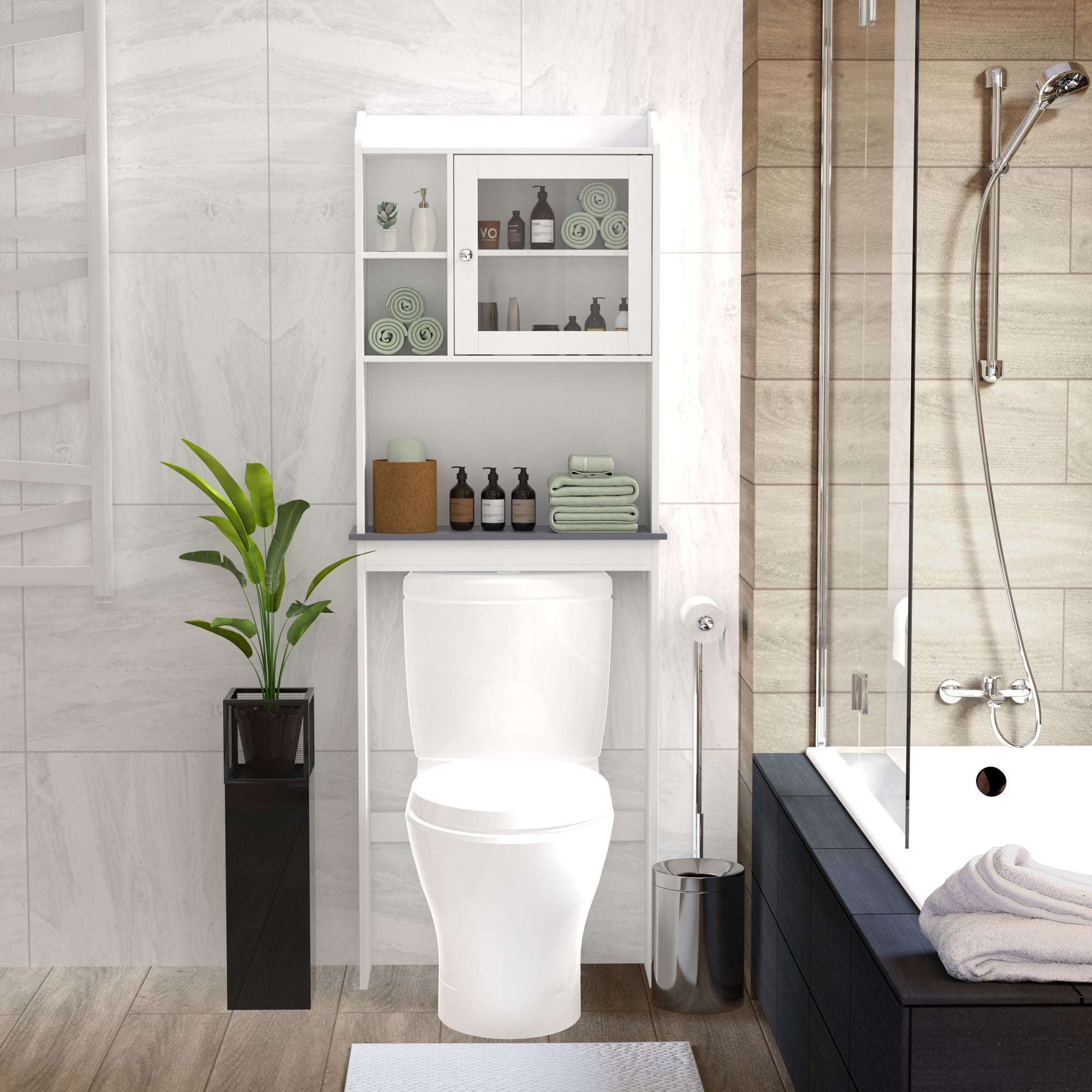 Modern Over-The-Toilet Storage Cabinet with Adjustable Shelves - White / MDF