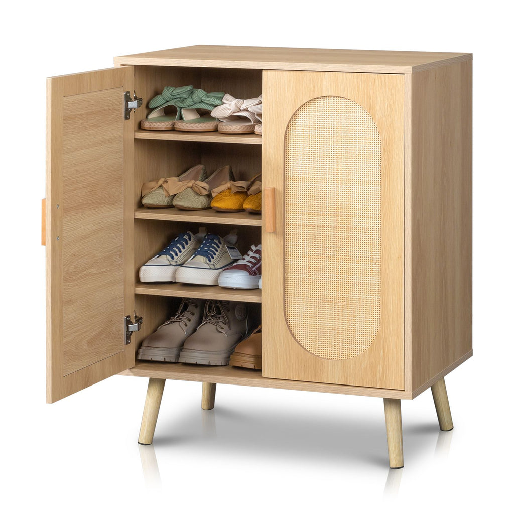 Modern Rattan Shoe Storage Cabinet with Double Doors and Adjustable Shelves