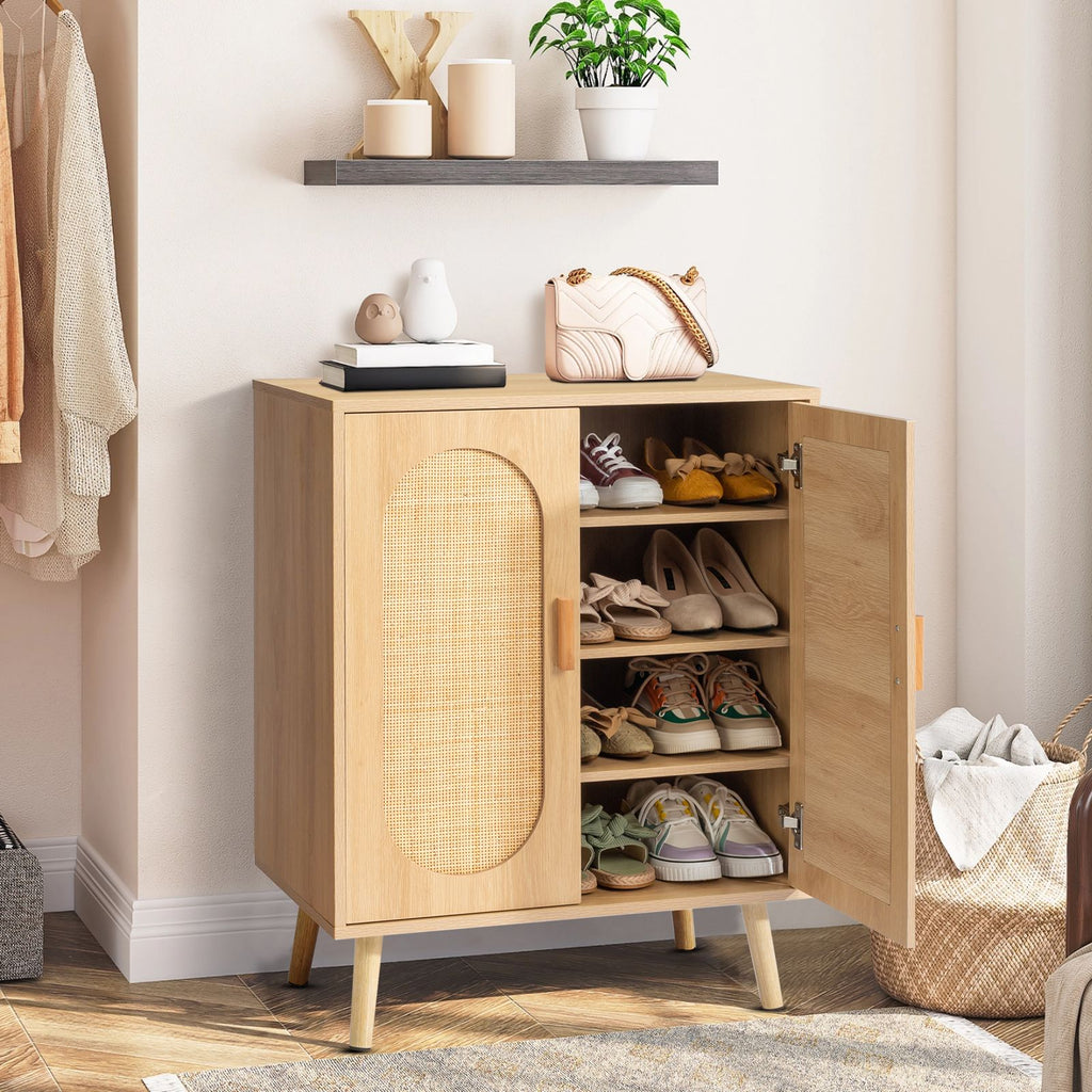 Modern Rattan Shoe Storage Cabinet with Double Doors and Adjustable Shelves