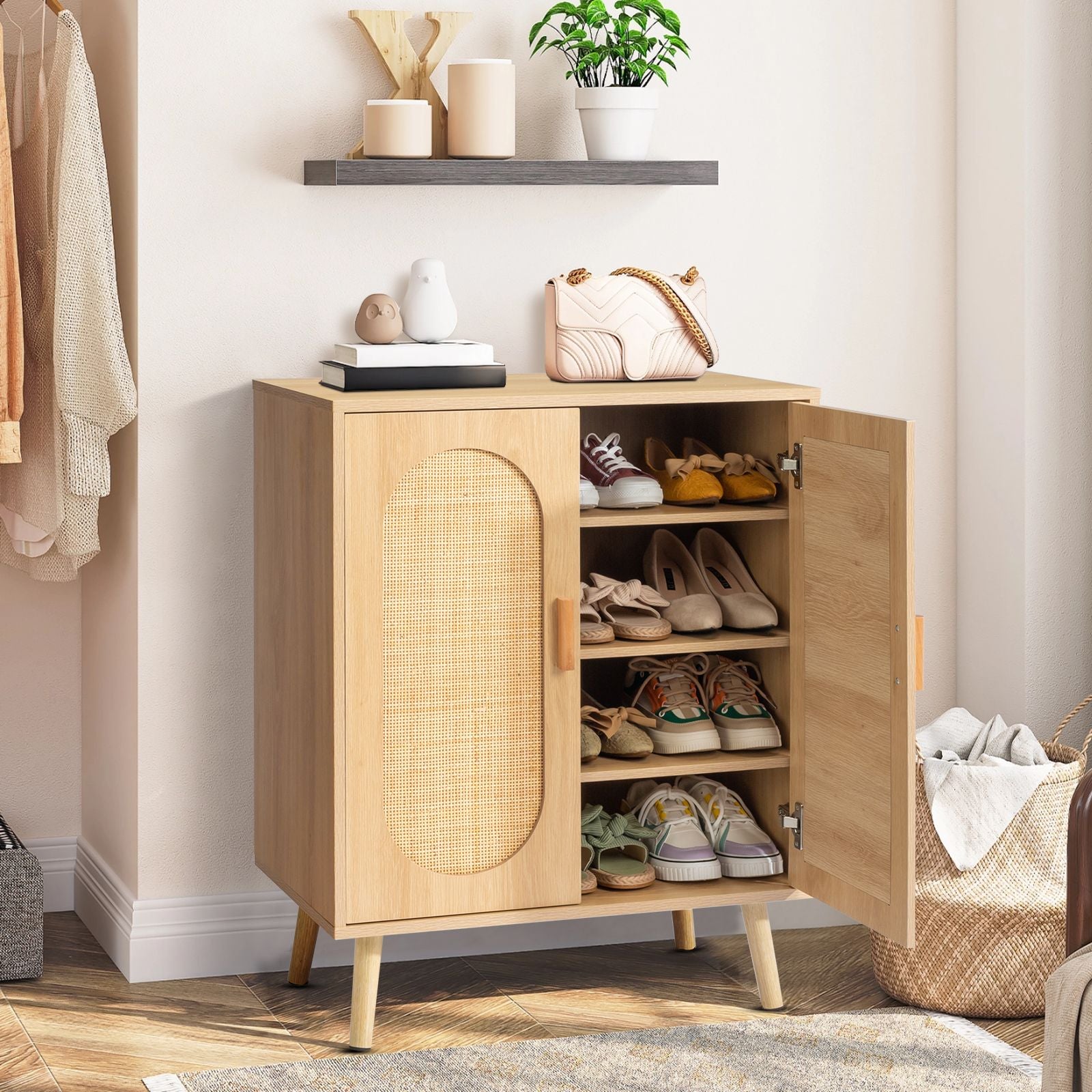 Modern Rattan Shoe Storage Cabinet with Double Doors and Adjustable Shelves