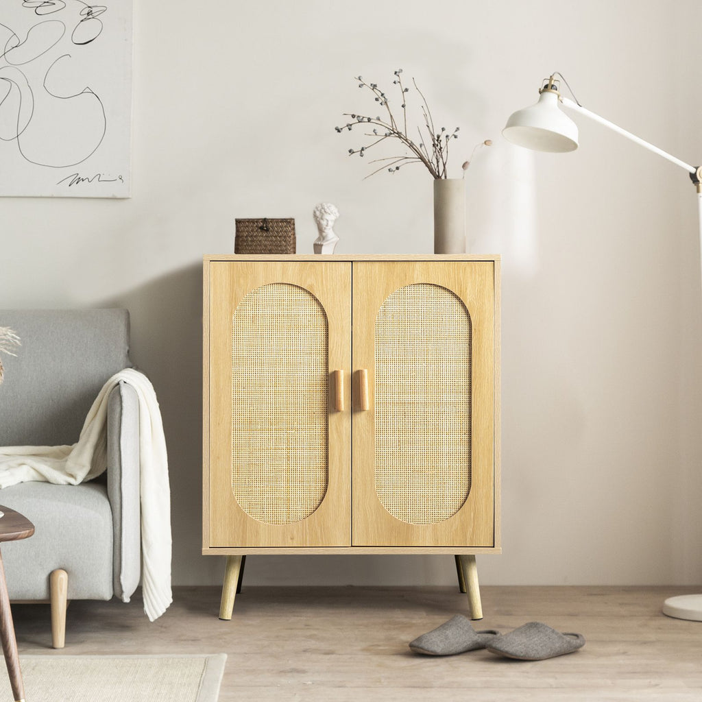 Modern Rattan Shoe Storage Cabinet with Double Doors and Adjustable Shelves