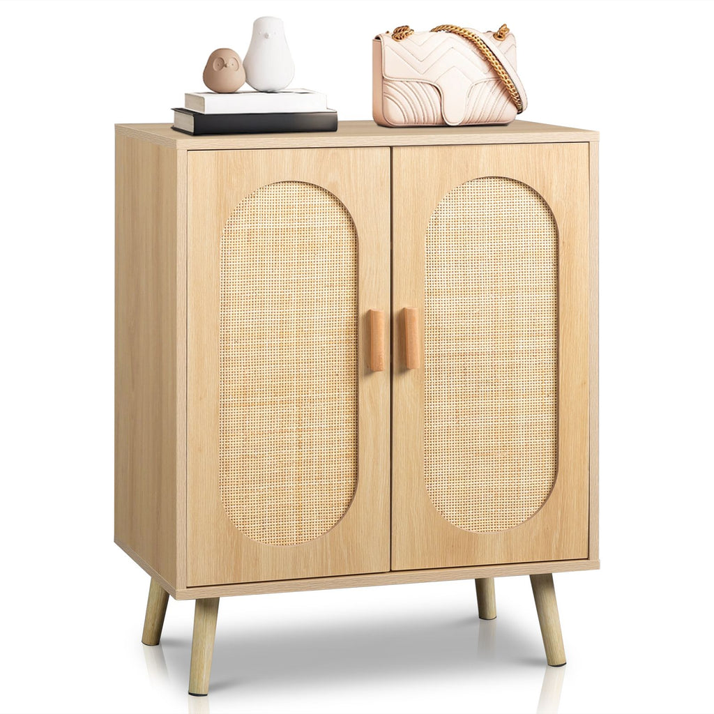 Modern Rattan Shoe Storage Cabinet with Double Doors and Adjustable Shelves