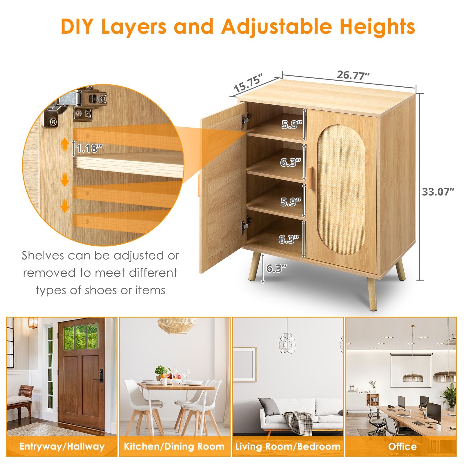 Modern Rattan Shoe Storage Cabinet with Double Doors and Adjustable Shelves