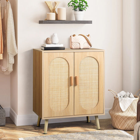 Modern Rattan Shoe Storage Cabinet with Double Doors and Adjustable Shelves