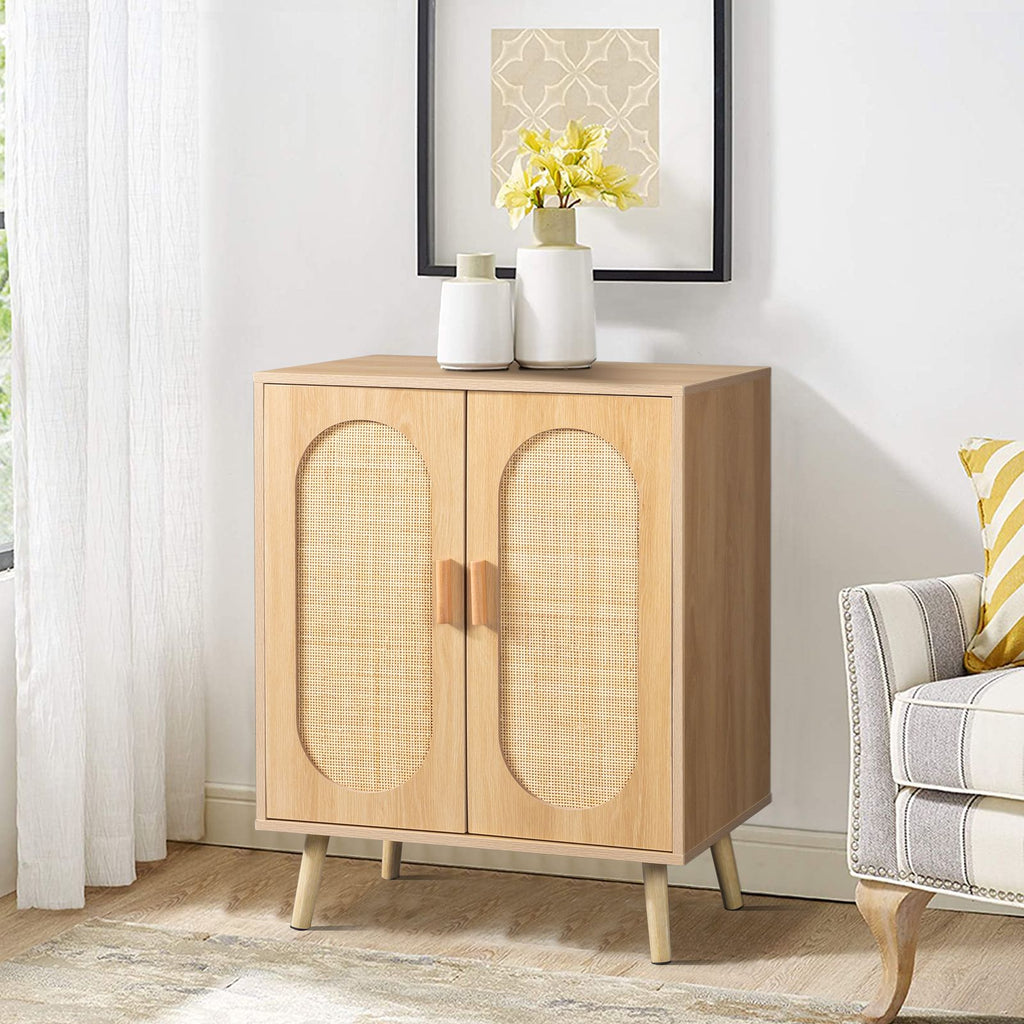 Modern Rattan Shoe Storage Cabinet with Double Doors and Adjustable Shelves