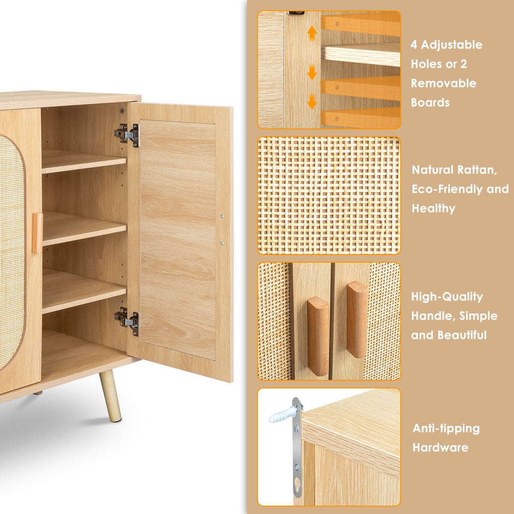 Modern Rattan Shoe Storage Cabinet with Double Doors and Adjustable Shelves