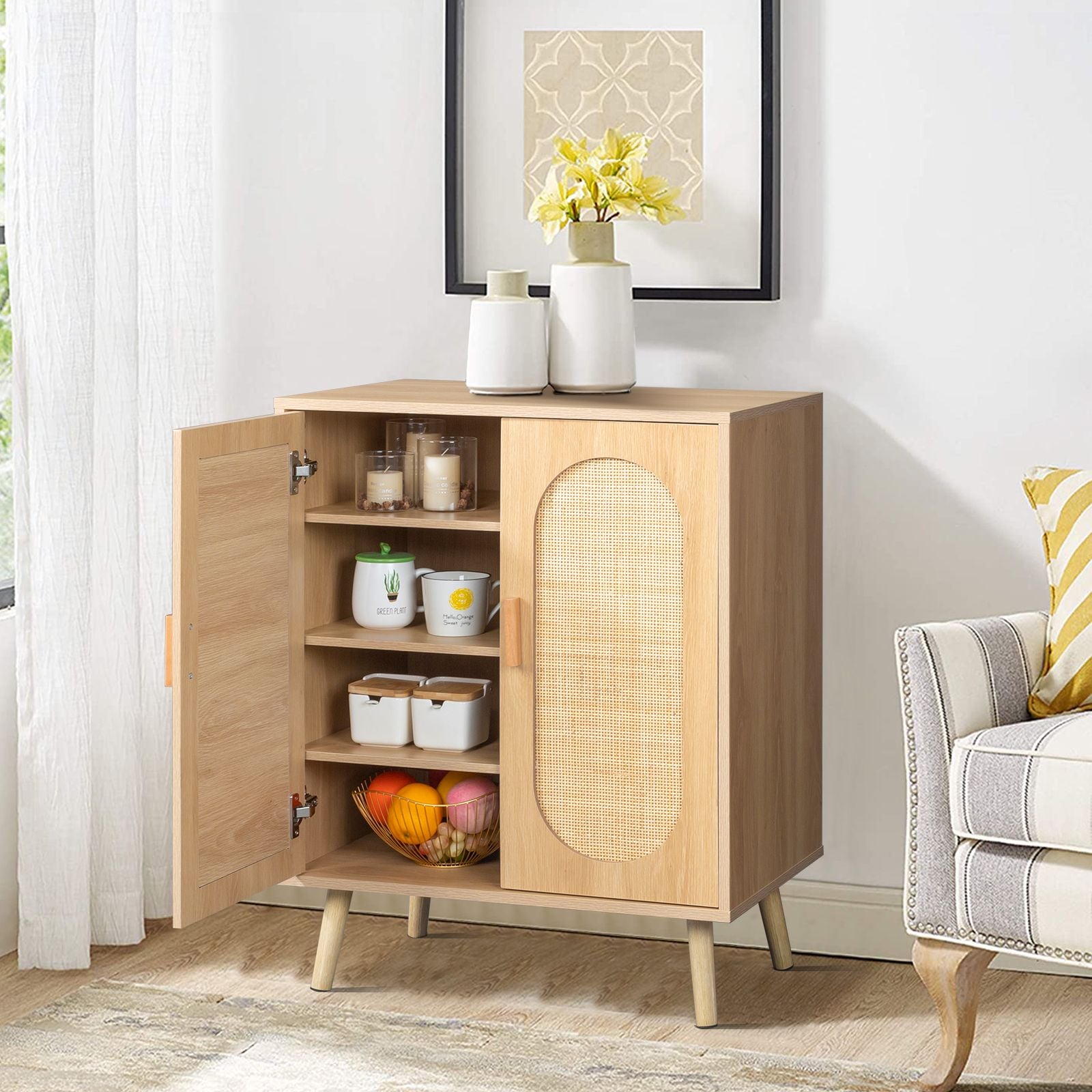 Modern Rattan Shoe Storage Cabinet with Double Doors and Adjustable Shelves