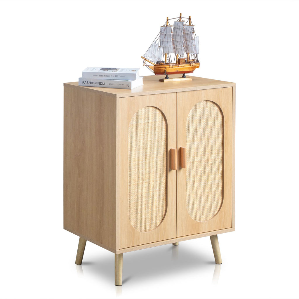 Modern Rattan Shoe Storage Cabinet with Double Doors and Adjustable Shelves