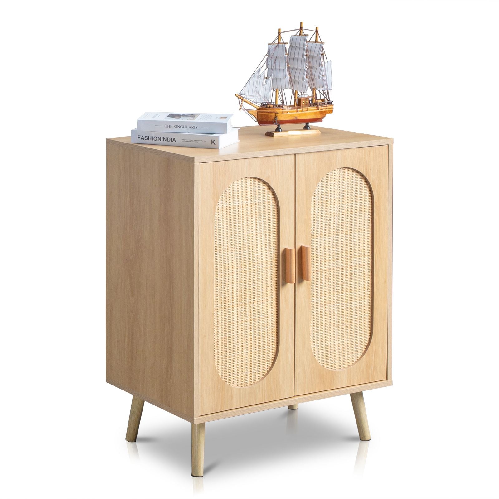 Modern Rattan Shoe Storage Cabinet with Double Doors and Adjustable Shelves