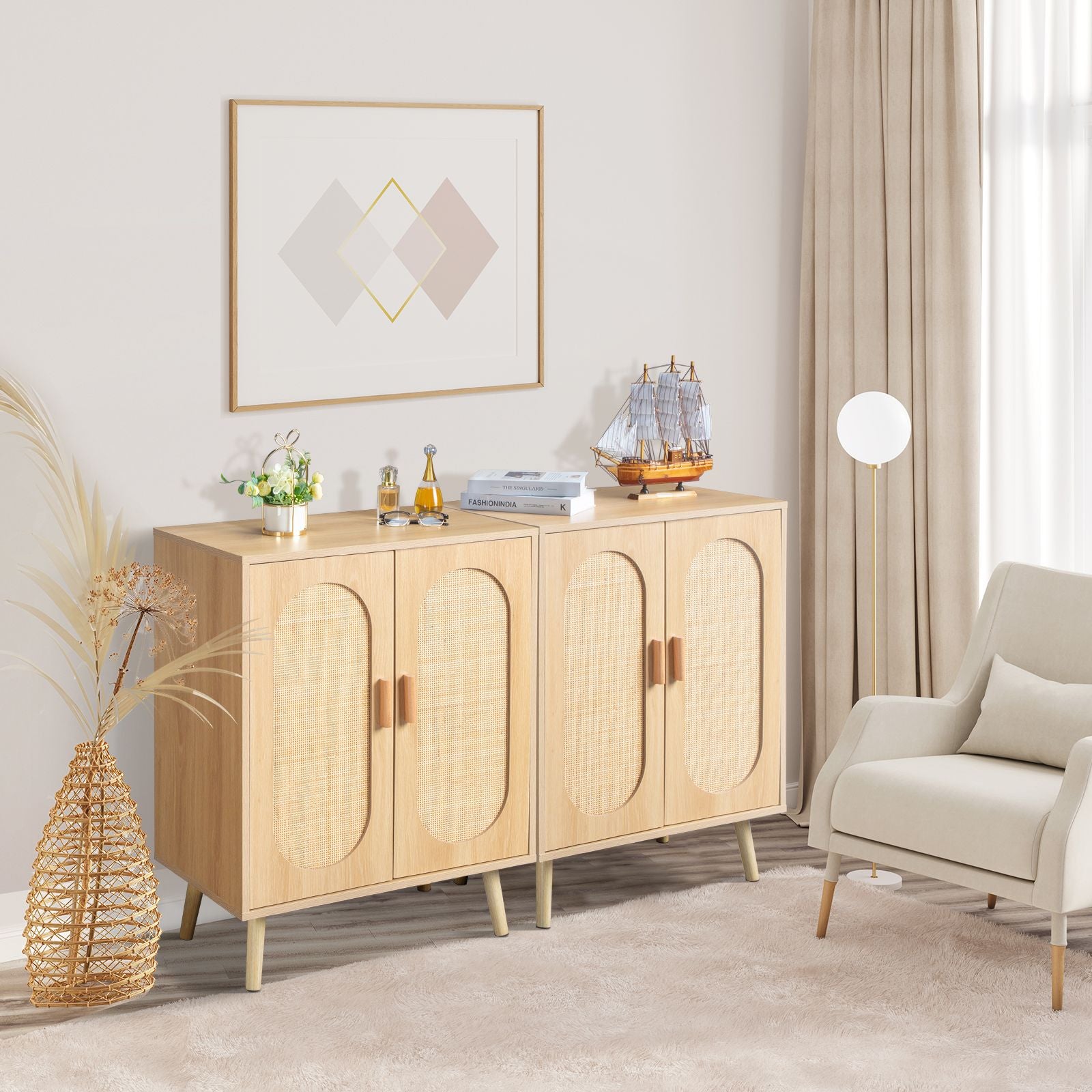 Modern Rattan Shoe Storage Cabinet with Double Doors and Adjustable Shelves