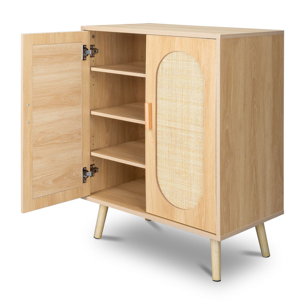 Modern Rattan Shoe Storage Cabinet with Double Doors and Adjustable Shelves