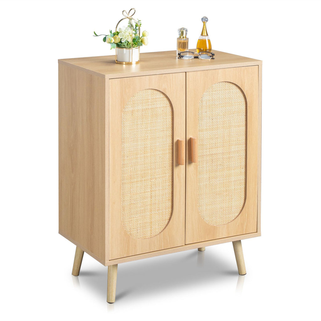 Modern Rattan Shoe Storage Cabinet with Double Doors and Adjustable Shelves