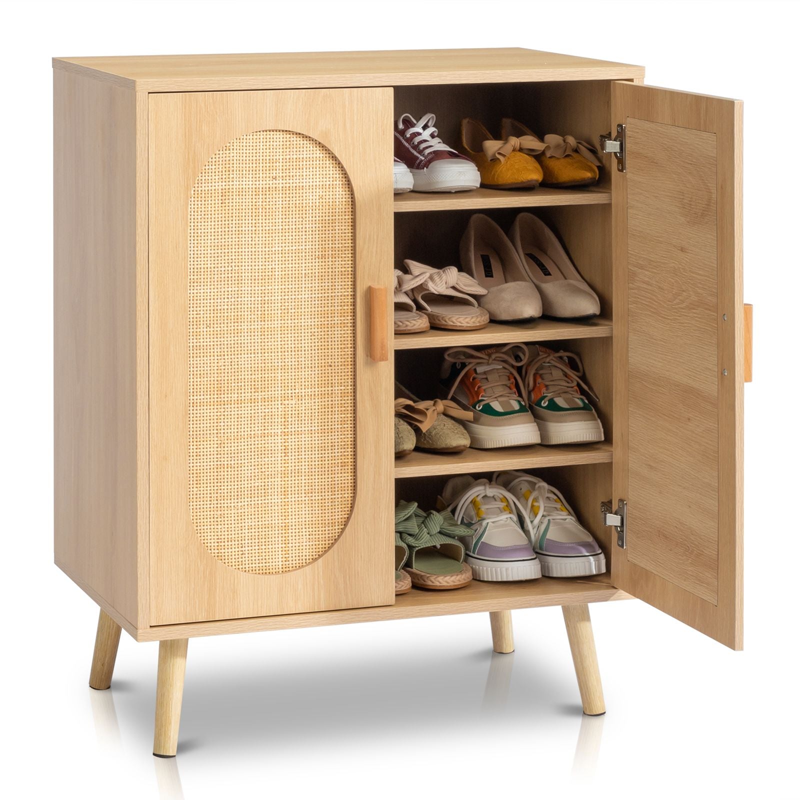 Modern Rattan Shoe Storage Cabinet with Double Doors and Adjustable Shelves
