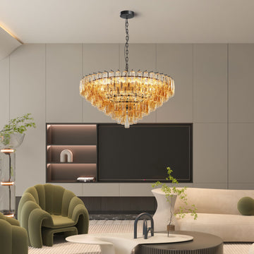 Modern Round Chandelier with Smoke Glass Tubes and Brushed Brass Frame