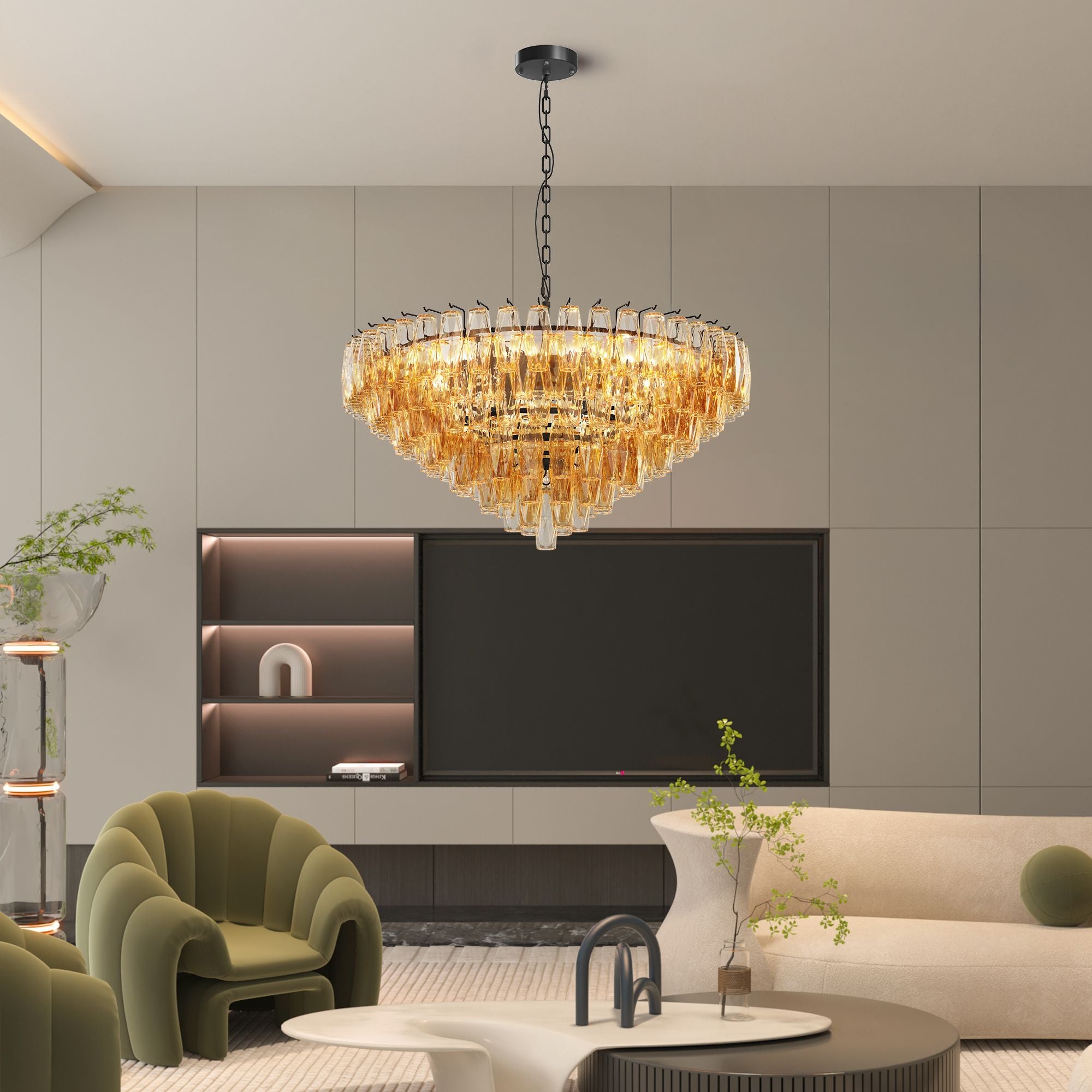 Modern Round Chandelier with Smoke Glass Tubes and Brushed Brass Frame