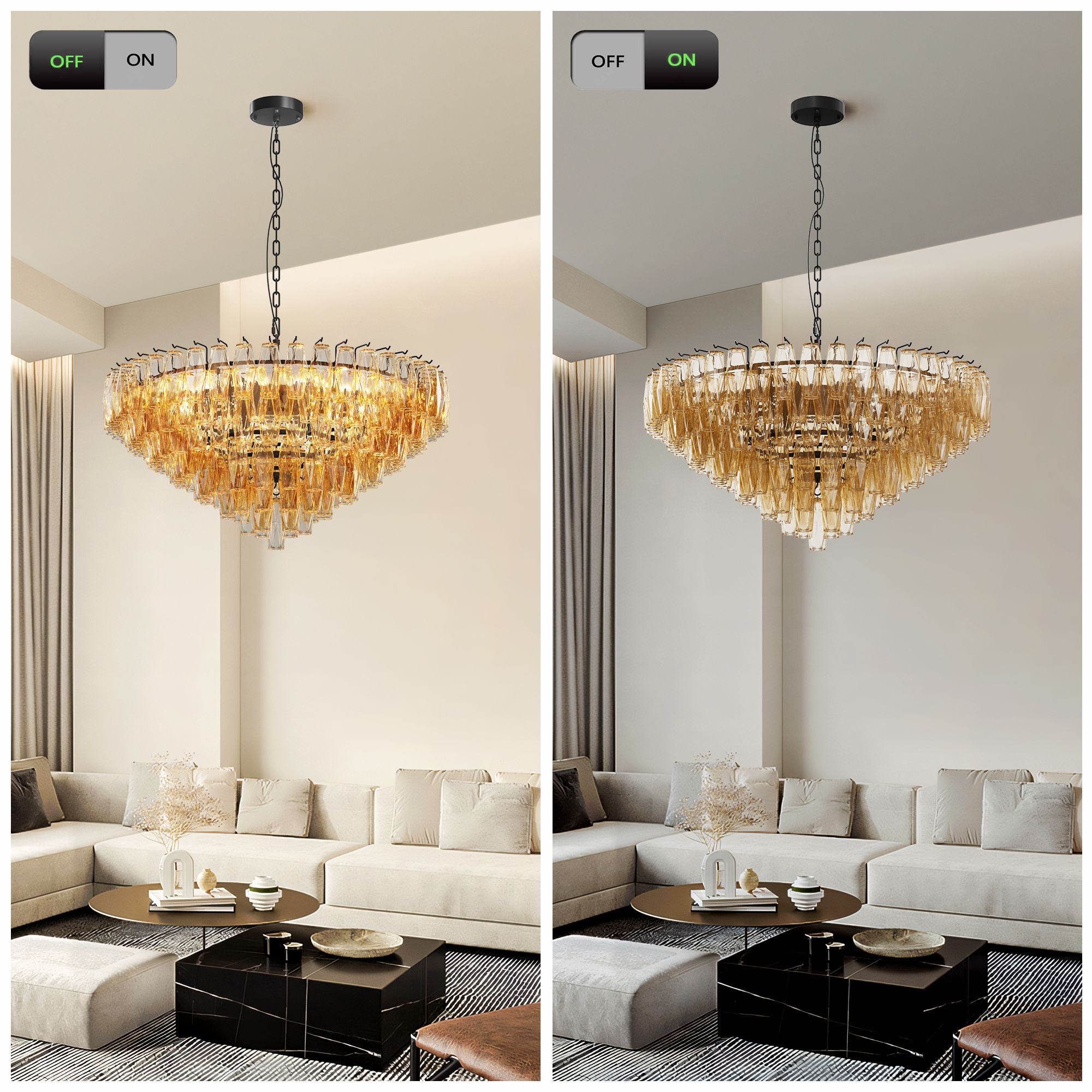 Modern Round Chandelier with Smoke Glass Tubes and Brushed Brass Frame
