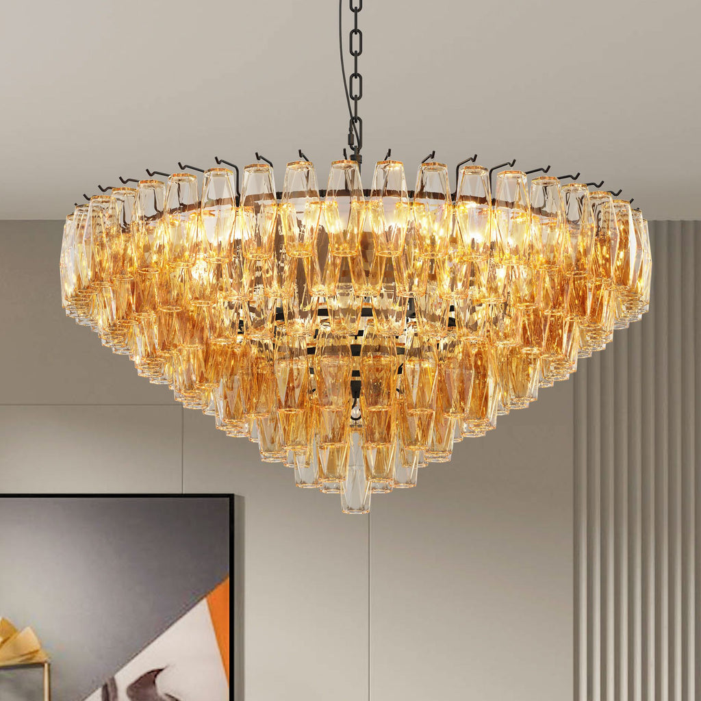 Modern Round Chandelier with Smoke Glass Tubes and Brushed Brass Frame