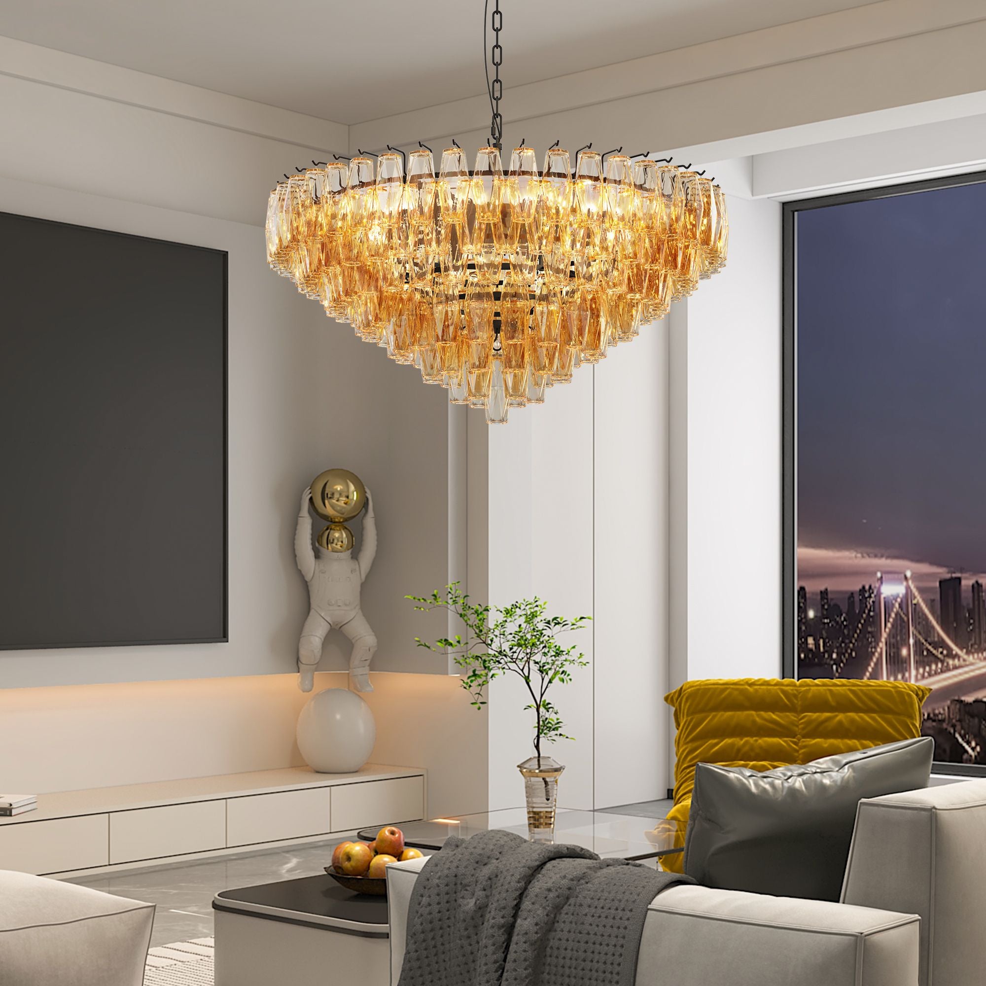 Modern Round Chandelier with Smoke Glass Tubes and Brushed Brass Frame