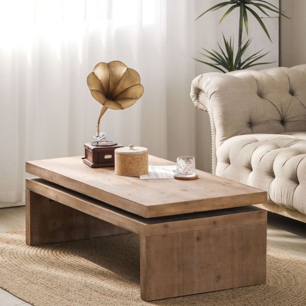Modern Rustic Wood Coffee Table – Rectangular Living Room Center Table with Floating Top Design 47.6