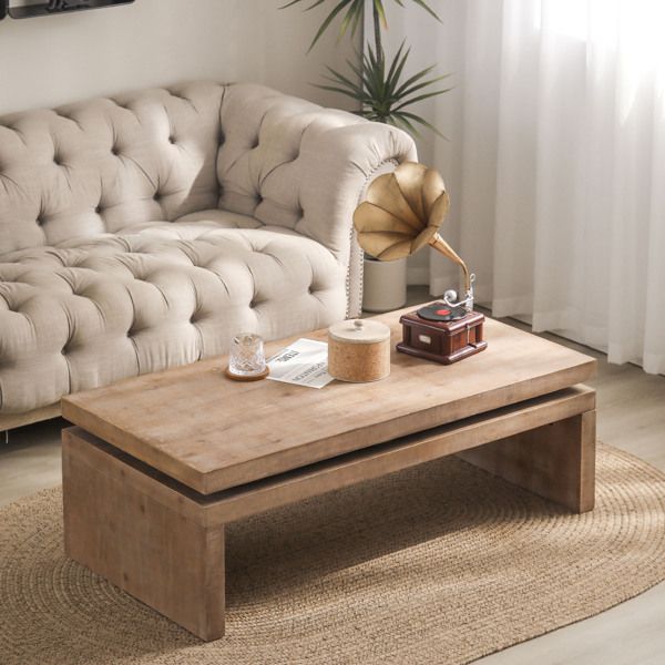 Modern Rustic Wood Coffee Table – Rectangular Living Room Center Table with Floating Top Design 47.6