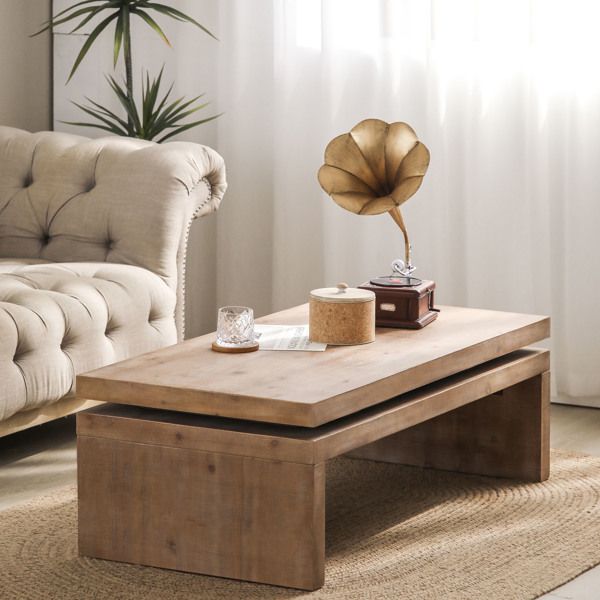 Modern Rustic Wood Coffee Table – Rectangular Living Room Center Table with Floating Top Design 47.6