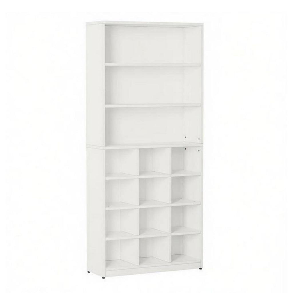 Modern White Shoe Cabinet with 4-Tier Cubby Shelves and Side Hooks
