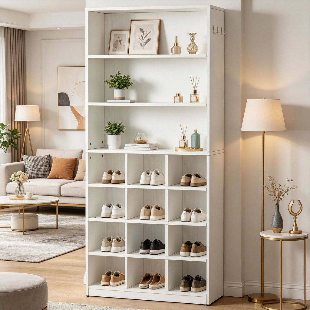 Modern White Shoe Cabinet with 4-Tier Cubby Shelves and Side Hooks