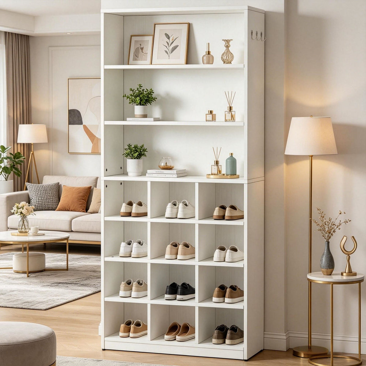 Modern White Shoe Cabinet with 4-Tier Cubby Shelves and Side Hooks