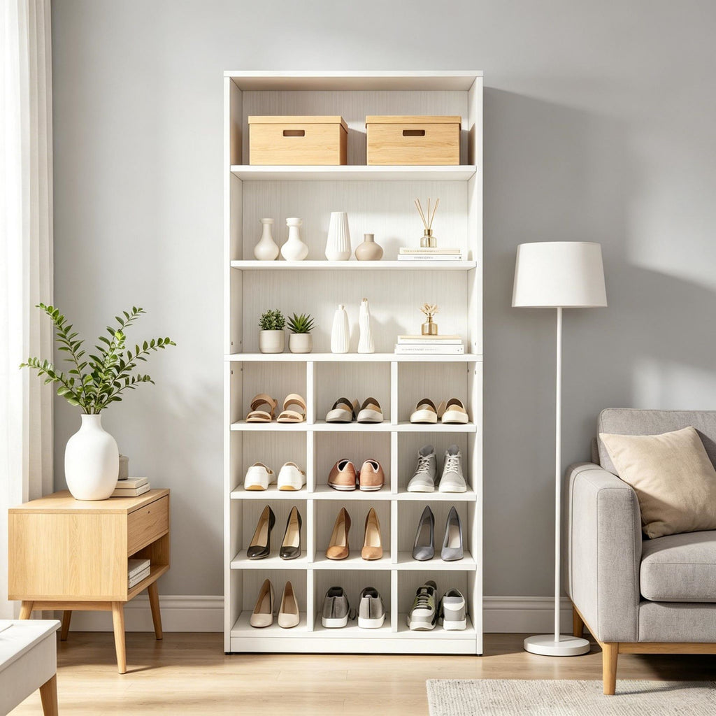 Modern White Shoe Cabinet with 4-Tier Cubby Shelves and Side Hooks