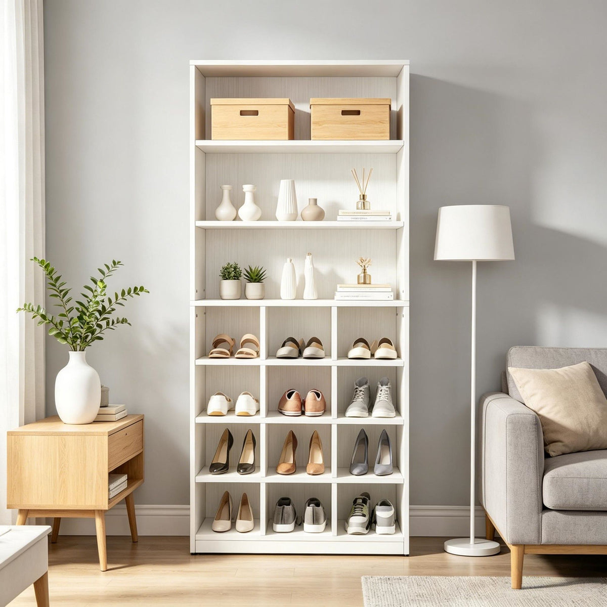 Modern White Shoe Cabinet with 4-Tier Cubby Shelves and Side Hooks
