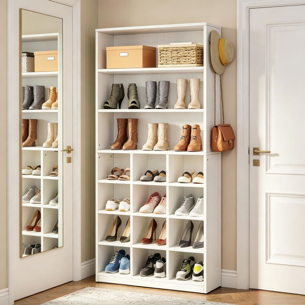 Modern White Shoe Cabinet with 4-Tier Cubby Shelves and Side Hooks