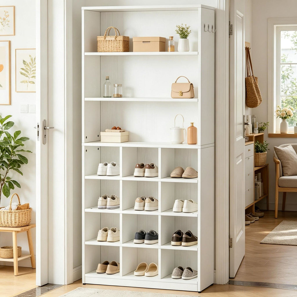Modern White Shoe Cabinet with 4-Tier Cubby Shelves and Side Hooks