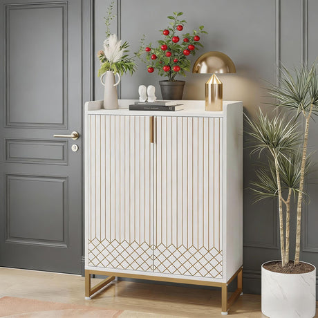 Modern White Shoe Cabinet with Gold Diamond Detail