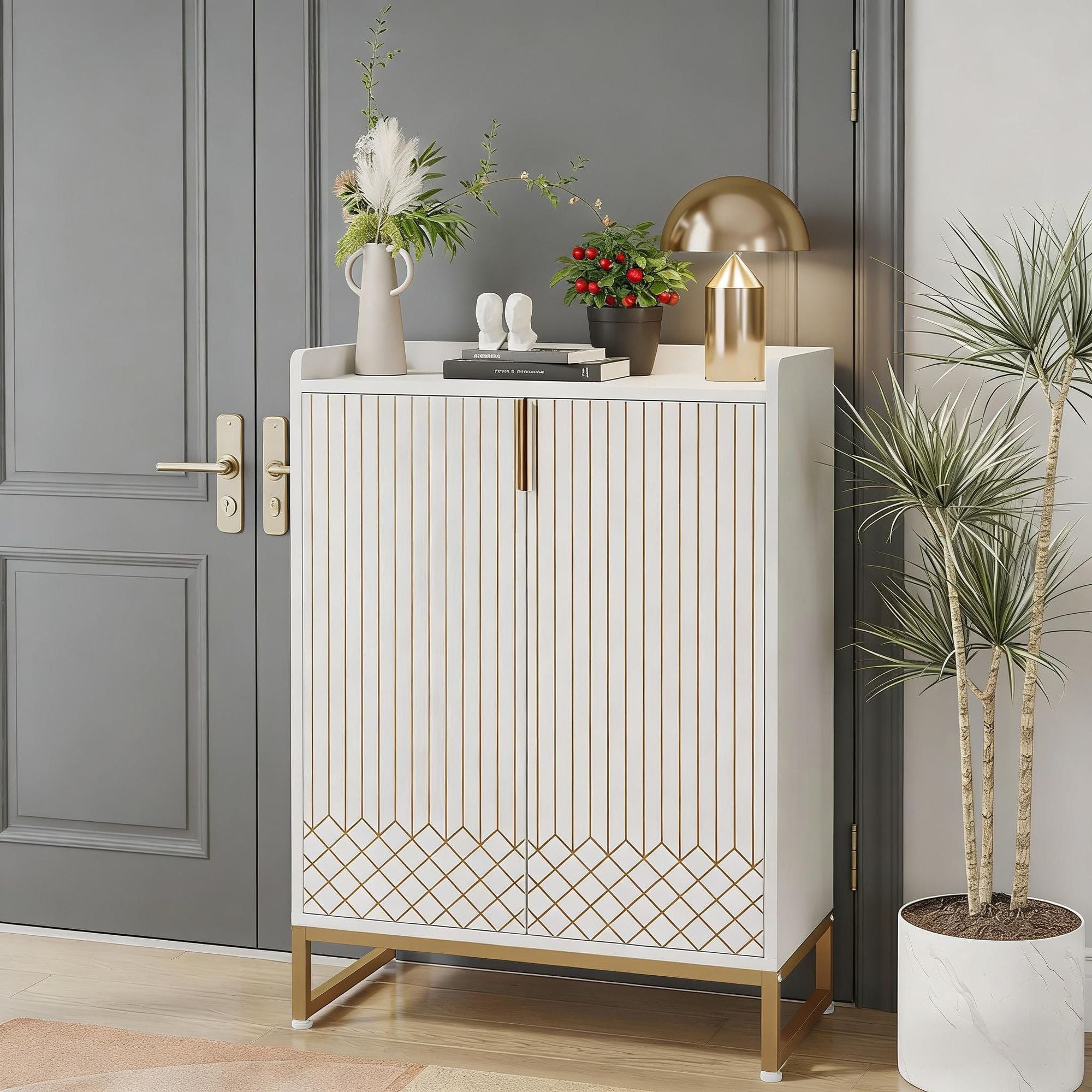 Modern White Shoe Cabinet with Gold Diamond Detail