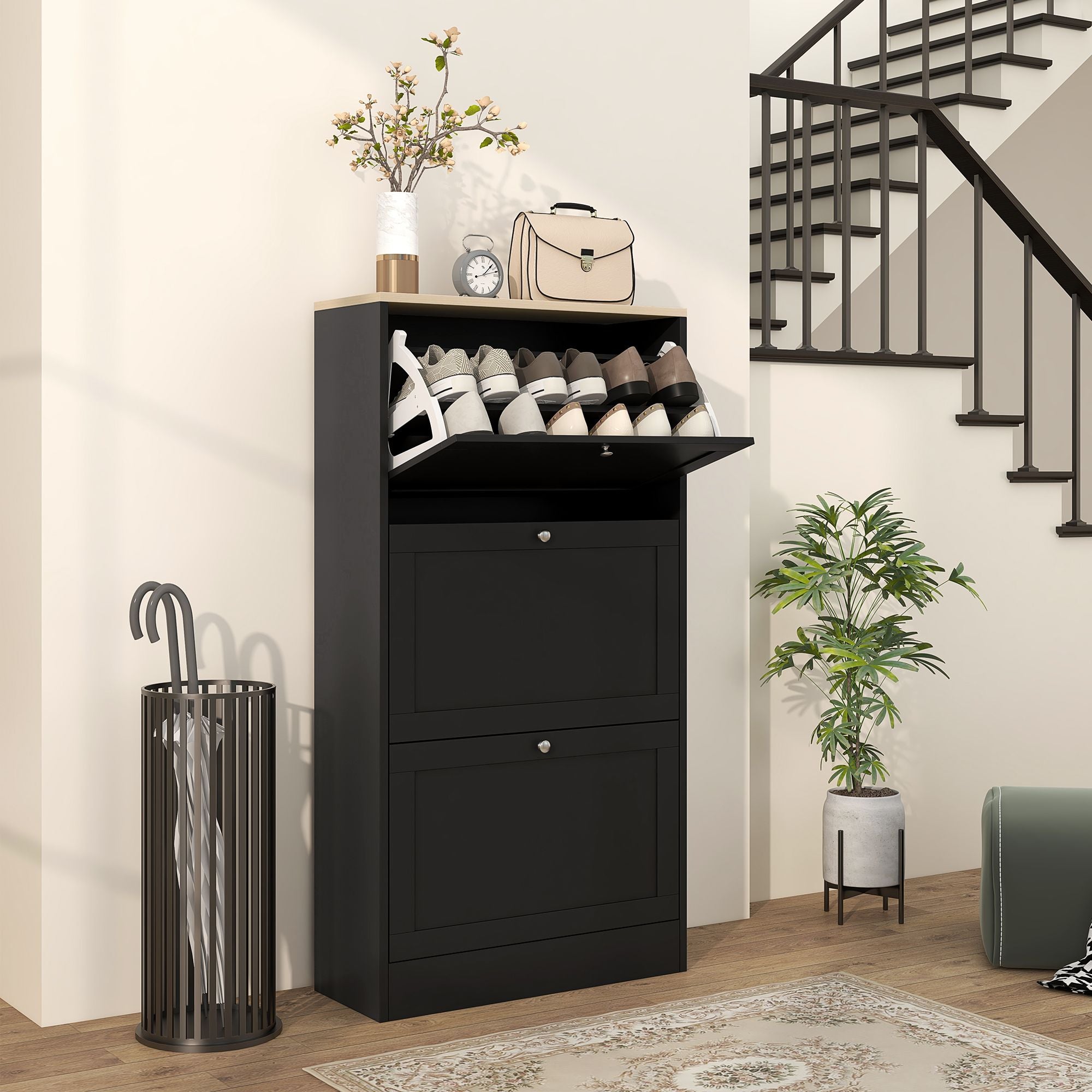 Modern Shoe Storage Cabinet with 3 Flip Drawers and Adjustable Shelves