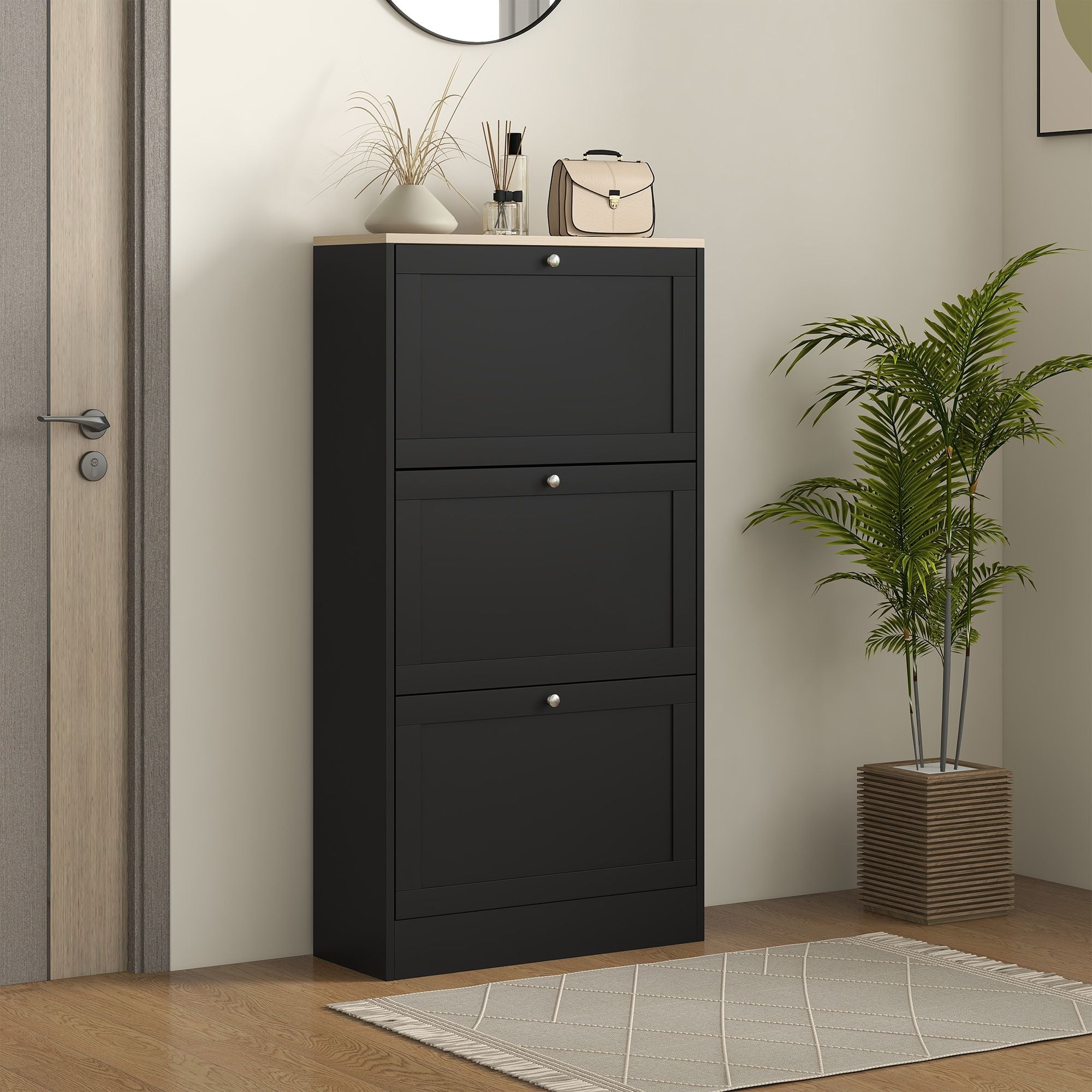 Modern Shoe Storage Cabinet with 3 Flip Drawers and Adjustable Shelves