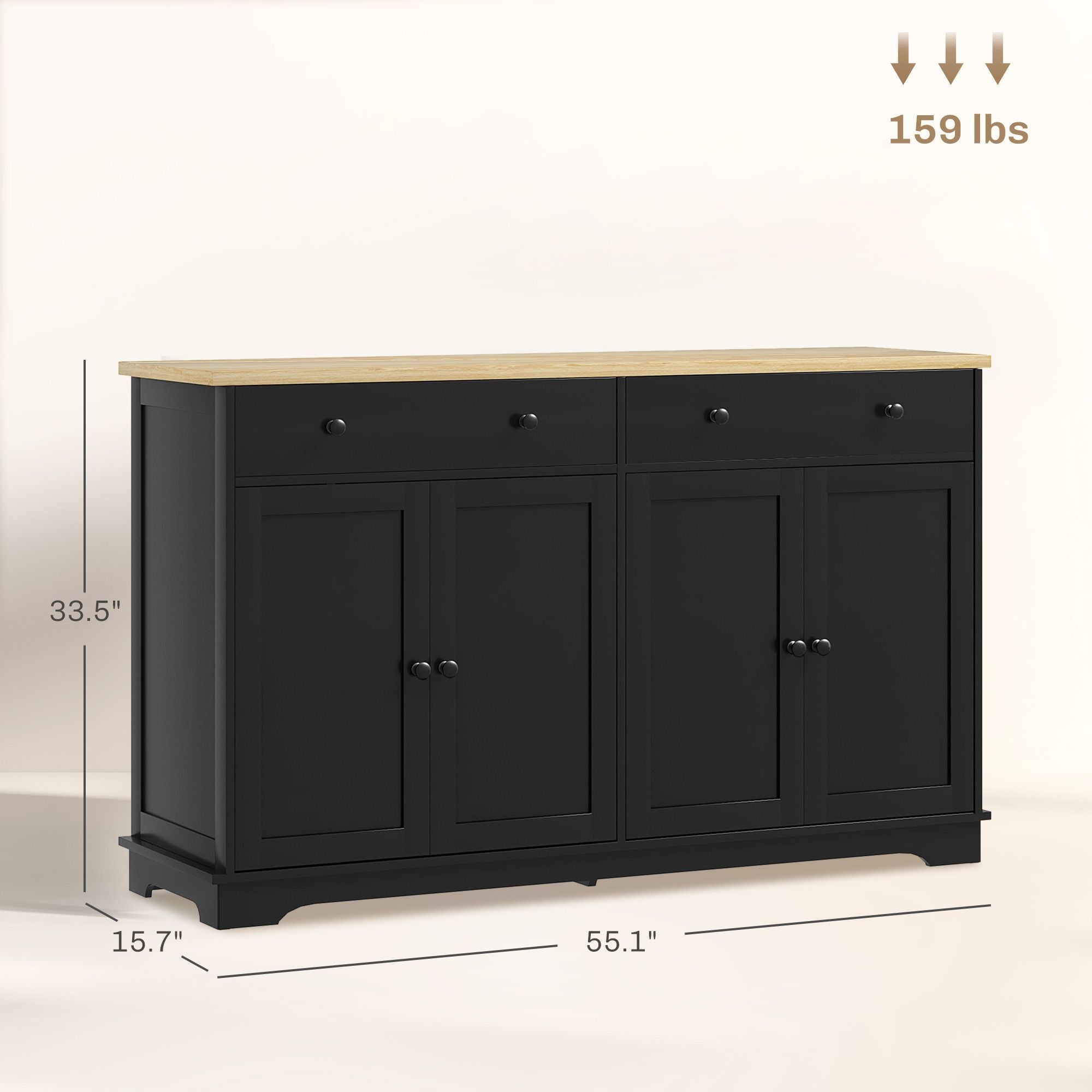 Modern Black Sideboard with Drawers and Adjustable Shelves