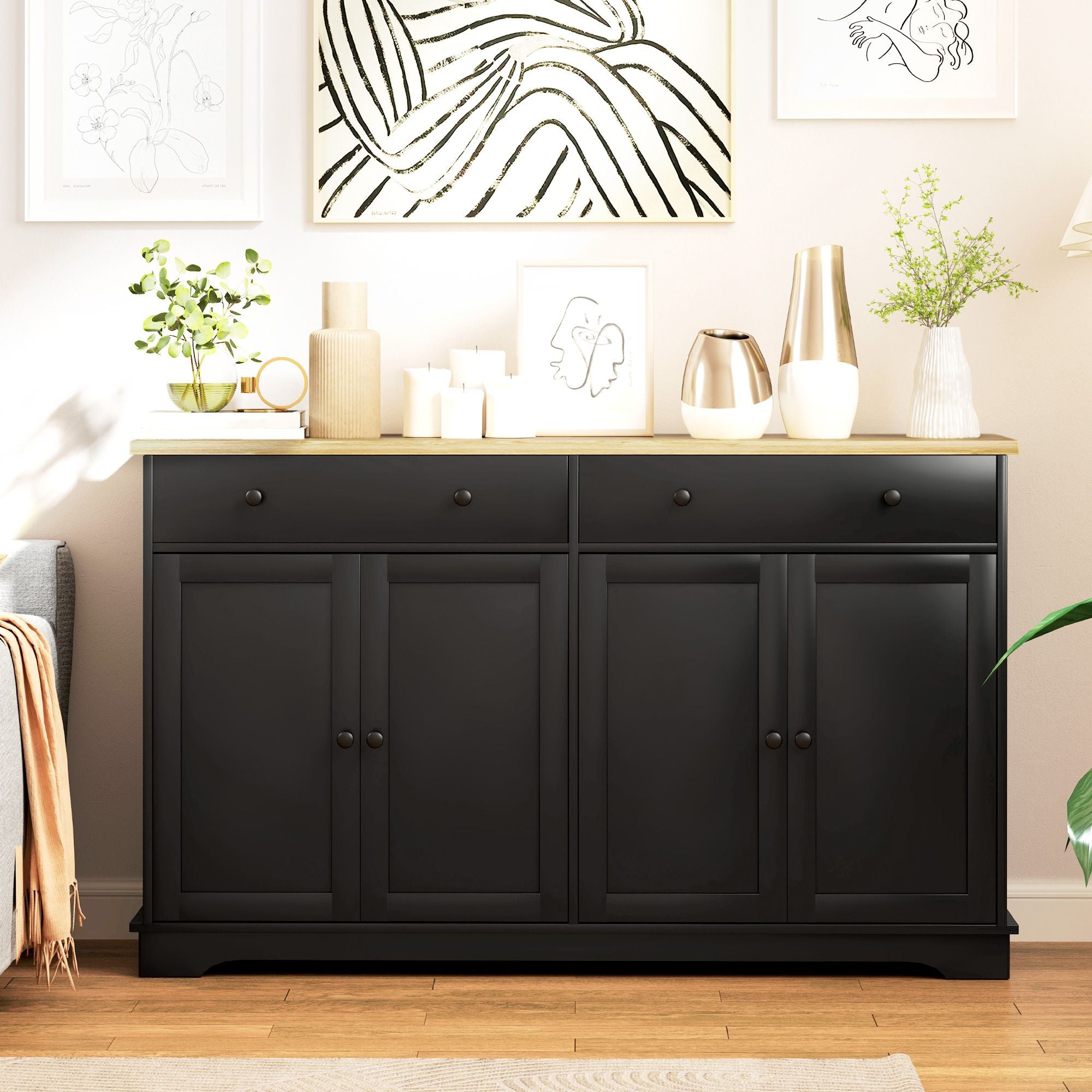 Modern Black Sideboard with Drawers and Adjustable Shelves